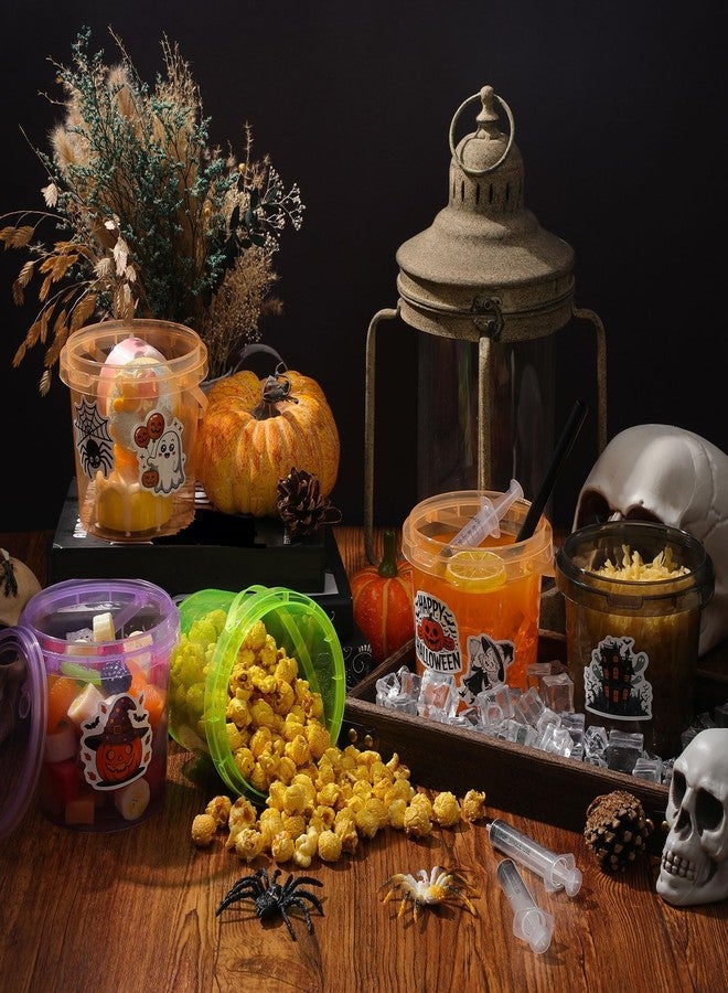Funnymoom 16 Pack 32 oz Halloween Plastic Rum Buckets for Drink with Straws Beverage Syringes Stickers Colorful Snacks Beer Cocktail Bucket with Lids and Handles Reusable Food Containers for Parties - Image 4