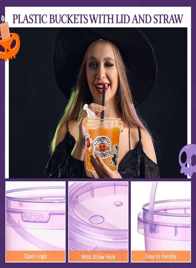 Funnymoom 16 Pack 32 oz Halloween Plastic Rum Buckets for Drink with Straws Beverage Syringes Stickers Colorful Snacks Beer Cocktail Bucket with Lids and Handles Reusable Food Containers for Parties - Image 3