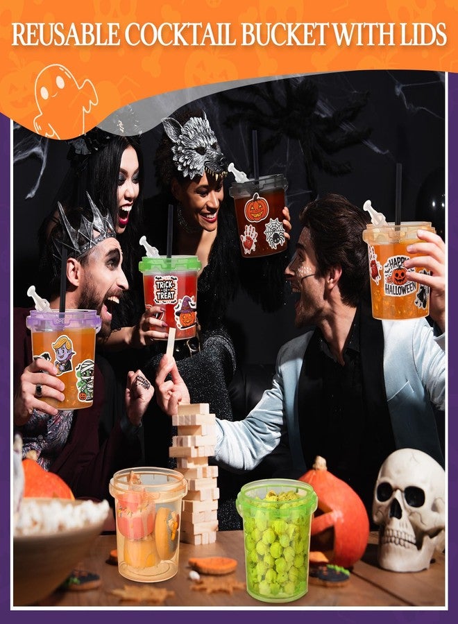 Funnymoom 16 Pack 32 oz Halloween Plastic Rum Buckets for Drink with Straws Beverage Syringes Stickers Colorful Snacks Beer Cocktail Bucket with Lids and Handles Reusable Food Containers for Parties - Image 5