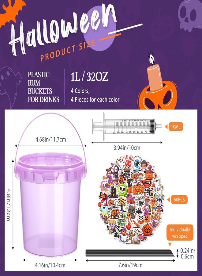 Funnymoom 16 Pack 32 oz Halloween Plastic Rum Buckets for Drink with Straws Beverage Syringes Stickers Colorful Snacks Beer Cocktail Bucket with Lids and Handles Reusable Food Containers for Parties - Image 2