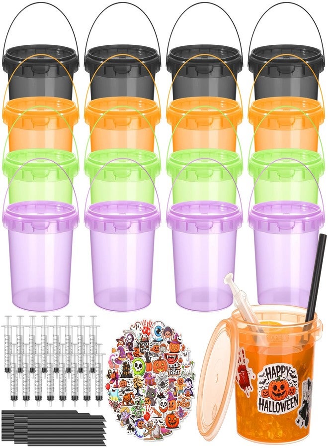 Funnymoom 16 Pack 32 oz Halloween Plastic Rum Buckets for Drink with Straws Beverage Syringes Stickers Colorful Snacks Beer Cocktail Bucket with Lids and Handles Reusable Food Containers for Parties - Image 1