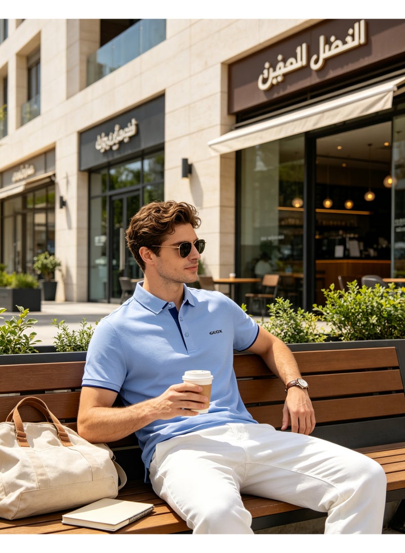 GEOX Men Short Sleeve Collared Polo Shirt Summer Travel Daily Casual Top Sky Light Blue - Image 4