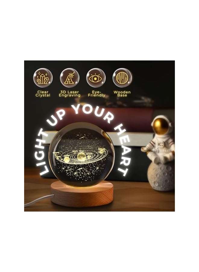 The Bros 3D Solar System Crystal Ball Night Light, with Solid Wood Base, USB Powered Crystal Ball Lamp, Adjustable Brightness, Suitable for Living Room, Bedroom and Lounge (60mm) - Image 4