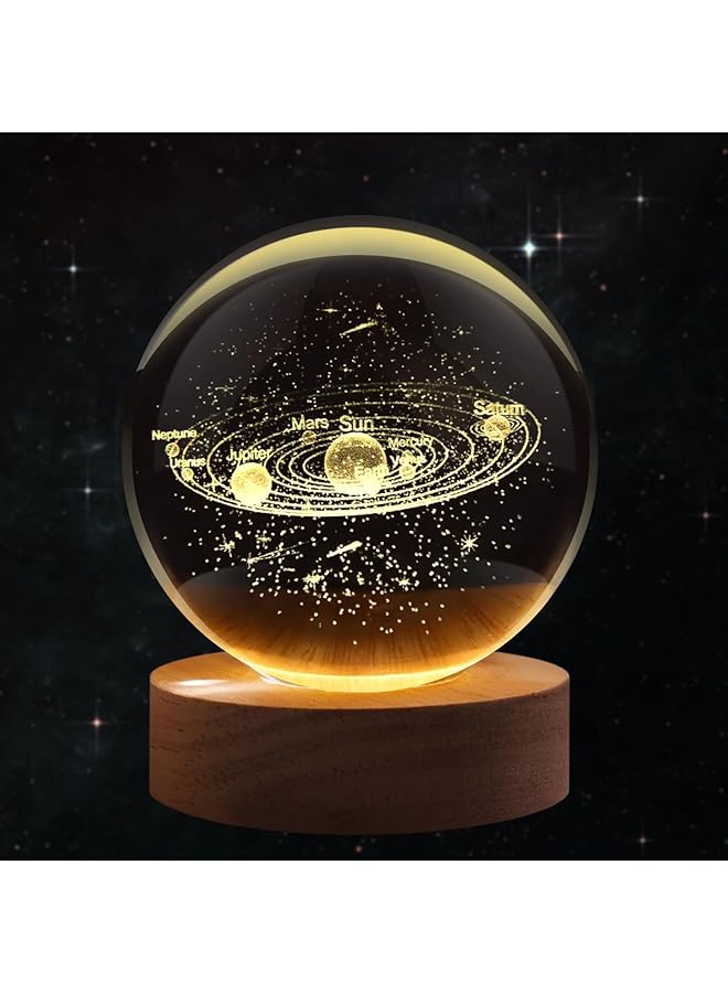 The Bros 3D Solar System Crystal Ball Night Light, with Solid Wood Base, USB Powered Crystal Ball Lamp, Adjustable Brightness, Suitable for Living Room, Bedroom and Lounge (60mm) - Image 1