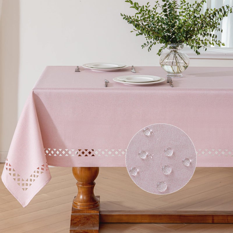 Jia le JIALE Pink Rectangle Linen Polyester Tablecloth with Decorative Cutouts, Waterproof Table Cloth Wrinkle Free Light Pink Valentines Farmhouse Dining Table Cover for Outdoor Party Camping, 55 x 70 inch - Image 5