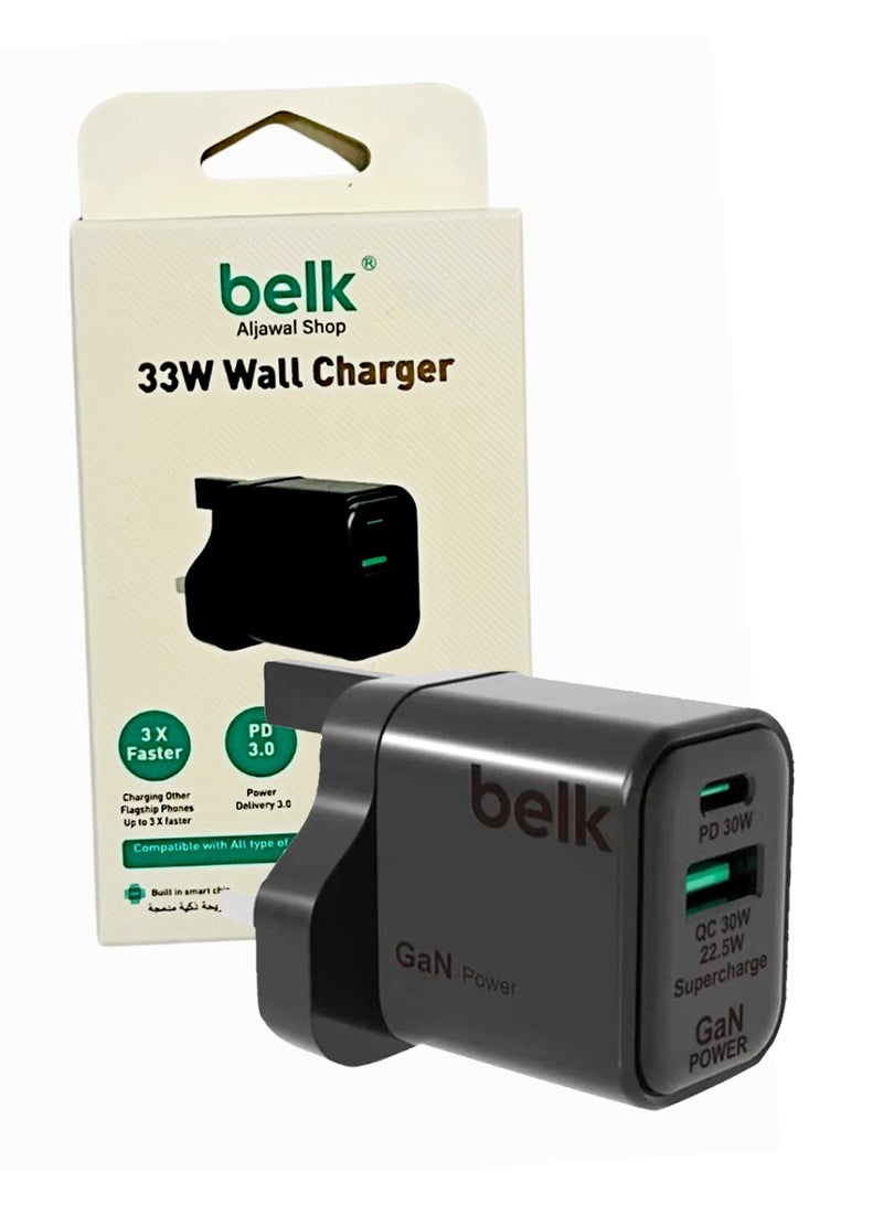 Belk 33W GaN Wall Charger, Dual Port USB-C u0026 USB-A, PD 3.0, 3X Fast Charging, Smart IC Technology Compact u0026 Portable with Overload u0026 Temperature With Other Safety Protection - Image 1