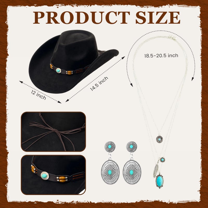 Chicingyou 4 Pcs Women's Western Cowboy Boho Outfit Classic Retro Panama Hat Cardigan Wrap Shawl Turquoise Jewelry Halloween (Black) - Image 4