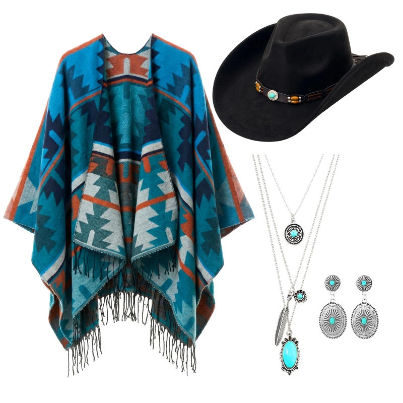 Chicingyou 4 Pcs Women's Western Cowboy Boho Outfit Classic Retro Panama Hat Cardigan Wrap Shawl Turquoise Jewelry Halloween (Black) - Image 1