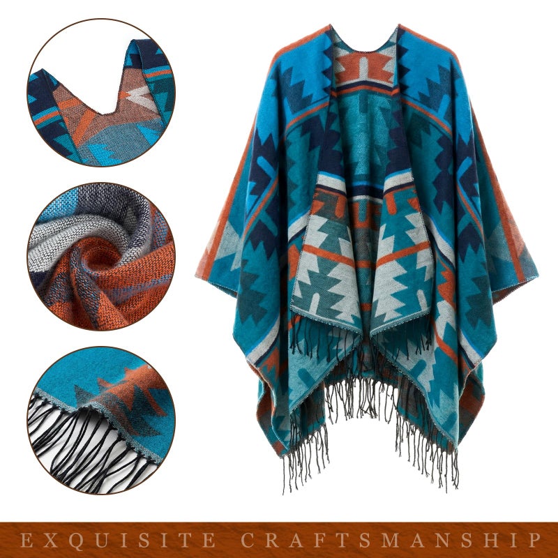 Chicingyou 4 Pcs Women's Western Cowboy Boho Outfit Classic Retro Panama Hat Cardigan Wrap Shawl Turquoise Jewelry Halloween (Black) - Image 3