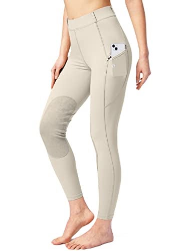 SANTINY Women's Horse Riding Pants with Zipper Pockets Knee-Patch Schooling Tights Equestrian Breeches for Women (Beige_S) - Image 1