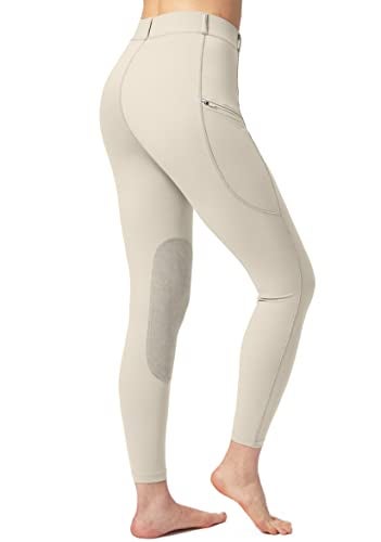 SANTINY Women's Horse Riding Pants with Zipper Pockets Knee-Patch Schooling Tights Equestrian Breeches for Women (Beige_S) - Image 3