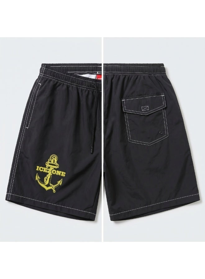 IceZone Men's Quick-Dry Swim Trunks with Anchor Graphic, Black Mesh-Lined Board Shorts with Drawstring - Image 3