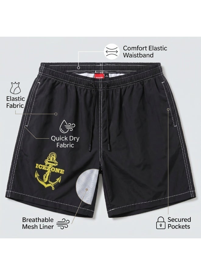 IceZone Men's Quick-Dry Swim Trunks with Anchor Graphic, Black Mesh-Lined Board Shorts with Drawstring - Image 2