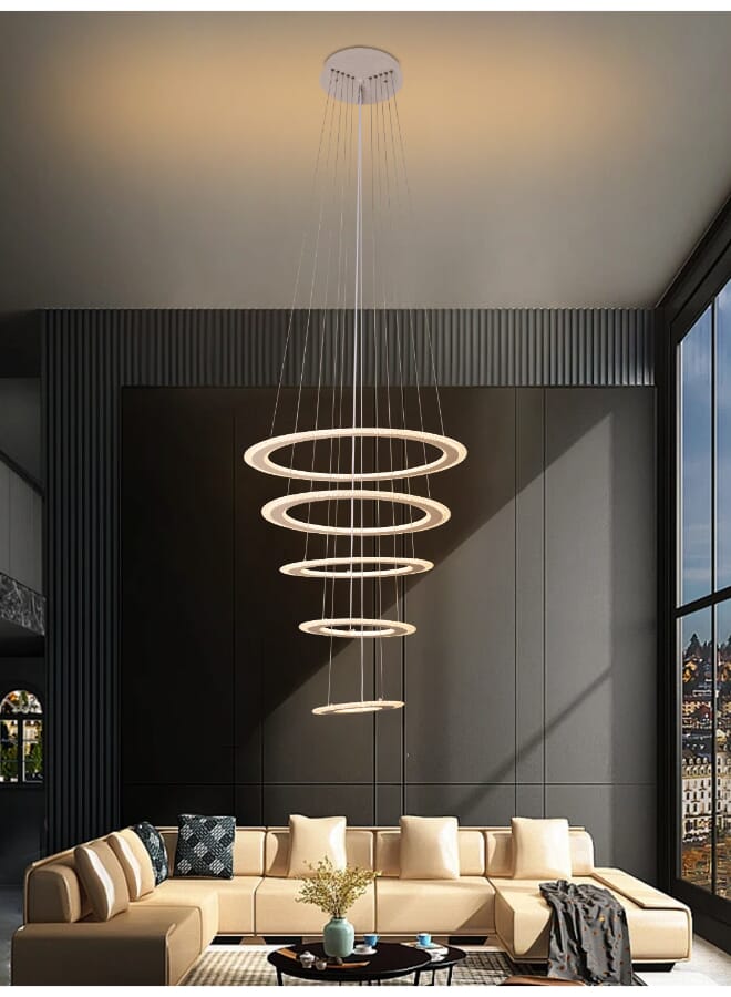 Best Power Modern 5 Rings LED Hanging Chandelier 7219 with 3 Lighting Levels, 250 cm Adjustable Length, 60W - Ideal for Hallways, Stairs, and Entrances - Image 1