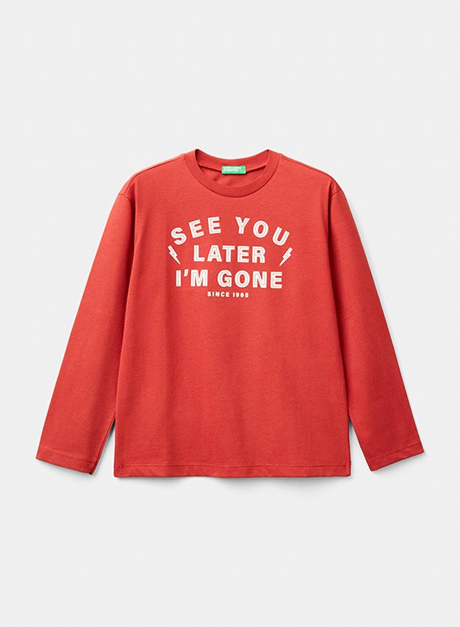 بينيتون تي شيرت للأولاد من القطن الدافئ مع طباعة أمامية وخلفية - Image 1