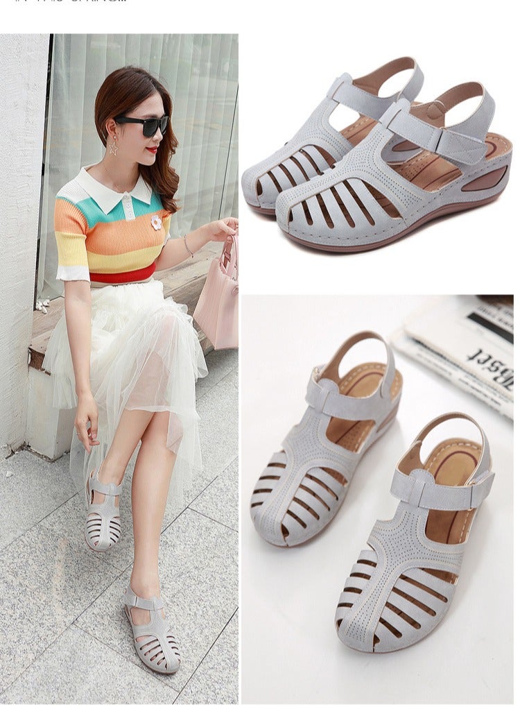 Loquat Retro Summer Sandals Women's Wedge Toe Sandals  Grey - Image 3