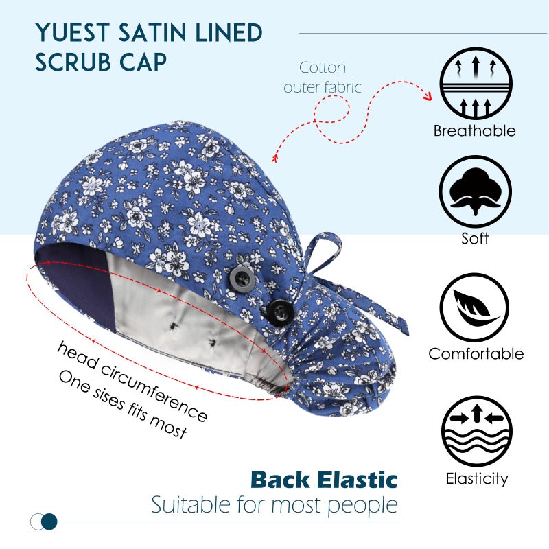 Yuest Satin Lined Scrub Caps with Buttons & Sweathand, Surgical Caps for Women - Image 3