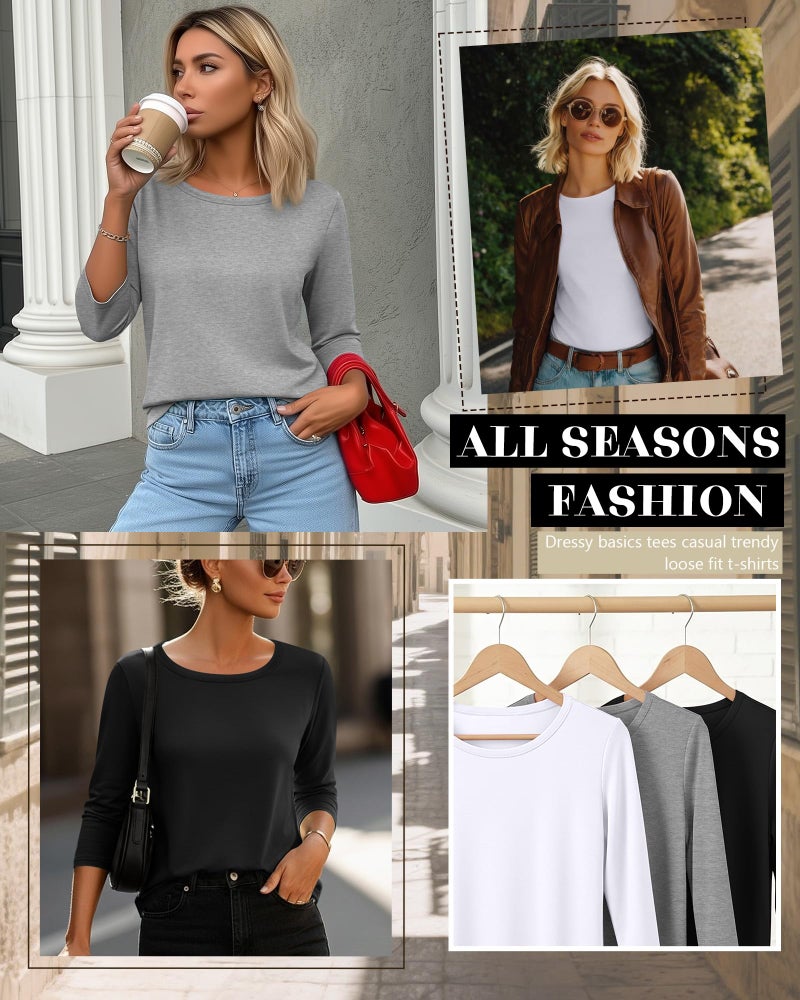 Ficerd 3 Pack 3/4 Sleeve Tops for Women Round Neck Dressy Basics Tees Casual Trendy Loose Fit T Shirts(Black, White, Light Gray,XX-Large) - Image 3