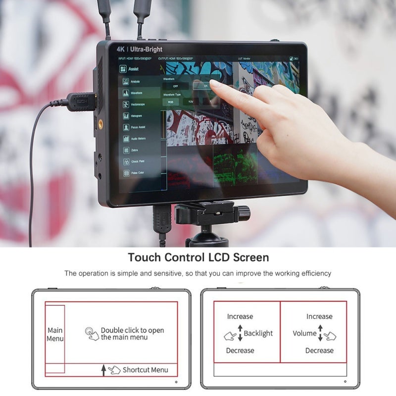 فيل وورلد شاشة مراقبة تصوير احترافية تعمل باللمس بدقة 4K وواجهة HDMI - ميزات مراقبة متقدمة تشمل عرض شكل الموجة والمدرج التكراري للألوان (RGB) ومتجه الألوان وإبراز البؤرة والنطاق الديناميكي العالي (HDR) لمراقبة الكاميرا أثناء التصوير في الموقع وما بعد الإنتاج - Image 5