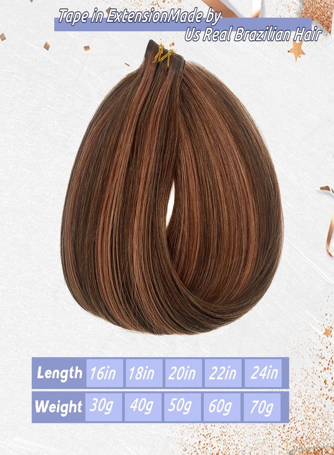 Smavida Highlighted Tape in Hair Extensions Medium Brown with Medium Auburn Mixed 100% Real Human Hair Extensions Tape ins Seamless Silky Straight Brown Highlights Hair Extensions 20Inch 50grams/20pcs - Image 4