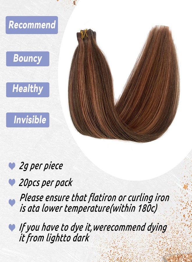 Smavida Highlighted Tape in Hair Extensions Medium Brown with Medium Auburn Mixed 100% Real Human Hair Extensions Tape ins Seamless Silky Straight Brown Highlights Hair Extensions 20Inch 50grams/20pcs - Image 3