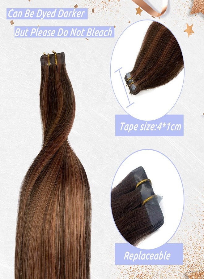 Smavida Highlighted Tape in Hair Extensions Medium Brown with Medium Auburn Mixed 100% Real Human Hair Extensions Tape ins Seamless Silky Straight Brown Highlights Hair Extensions 20Inch 50grams/20pcs - Image 5