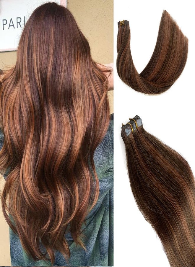 Smavida Highlighted Tape in Hair Extensions Medium Brown with Medium Auburn Mixed 100% Real Human Hair Extensions Tape ins Seamless Silky Straight Brown Highlights Hair Extensions 20Inch 50grams/20pcs - Image 1