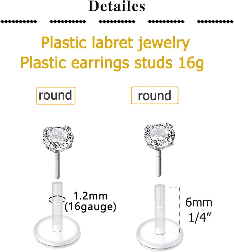 QWALIT 16G Clear Lip Rings Studs Plastic Medusa Labret Piercing Jewelry Push in Cartilage Earring Tragus Earrings Threadless Helix Piercing Jewelry Helix Earrings 6mm 8mm 10mm - Image 2