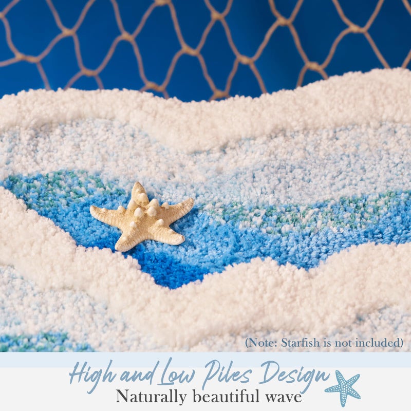 DyeFury Blue Ocean Wave Bath Mat, Cute Funky Bathroom Rugs for Coastal Beach Nautical Themed Decor, Non-Slip Washable Accent Rug for Bedroom Kitchen, Trendy Tufted Shower Mats 31"x 21" - Image 3