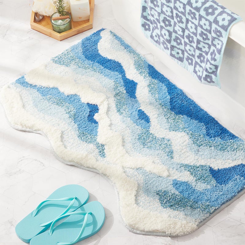 DyeFury Blue Ocean Wave Bath Mat, Cute Funky Bathroom Rugs for Coastal Beach Nautical Themed Decor, Non-Slip Washable Accent Rug for Bedroom Kitchen, Trendy Tufted Shower Mats 31"x 21" - Image 1