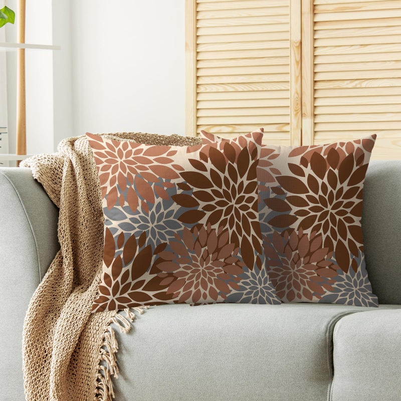 Smozenith Smozenith Brown Grey Gray Pillow Covers 18X18 Inch Set of 2  Spring Modern Geometry Dahlia Floral Print Decorative Throw Pillow Covers Outdoor Farmhouse Cushion Case for Couch Sofa Bed Decor  - Image 2