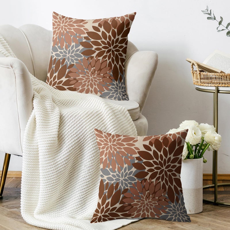 Smozenith Smozenith Brown Grey Gray Pillow Covers 18X18 Inch Set of 2  Spring Modern Geometry Dahlia Floral Print Decorative Throw Pillow Covers Outdoor Farmhouse Cushion Case for Couch Sofa Bed Decor  - Image 3