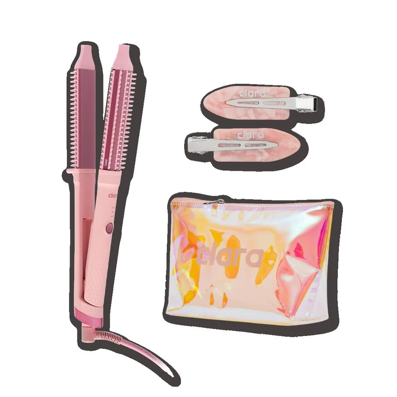CLARA The Style n’ Go Pink Bundle – CLARA Candy Pink Dual Slim 2-in-1 Hair Straightener Brush with 3 Heat Settings, Candy Pink Travel Beauty Bag & Pink Strong Hold Hair Clips Set