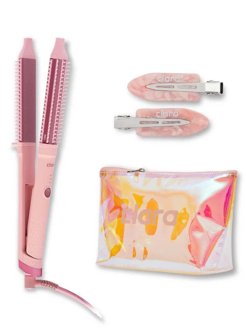 كلارا The Style n’ Go Pink Bundle – CLARA Candy Pink Dual Slim 2-in-1 Hair Straightener Brush with 3 Heat Settings, Candy Pink Travel Beauty Bag & Pink Strong Hold Hair Clips Set