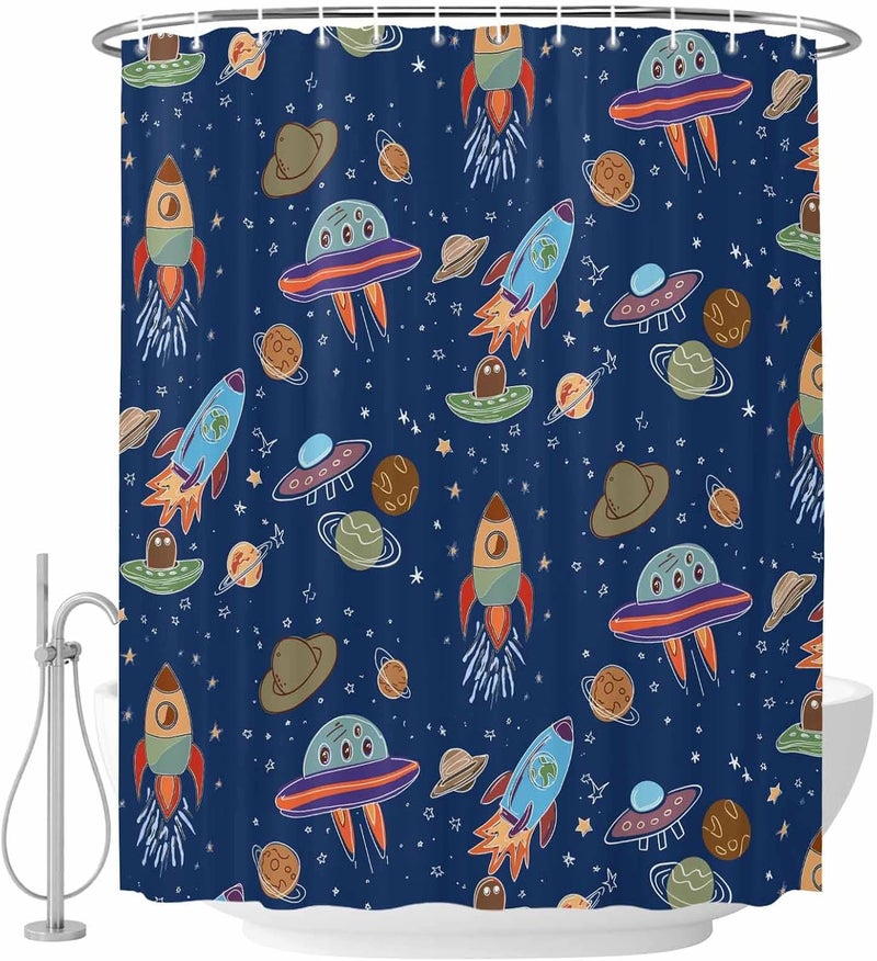 Funny Universe Shower Curtain with 12 Hooks Cartoon Rocket Graffiti Spaceship Planet Blue Waterproof Fabric Shower Curtains Sets for Bathroom Bath Decorations, Machine Washable, 36"x72" - Image 2