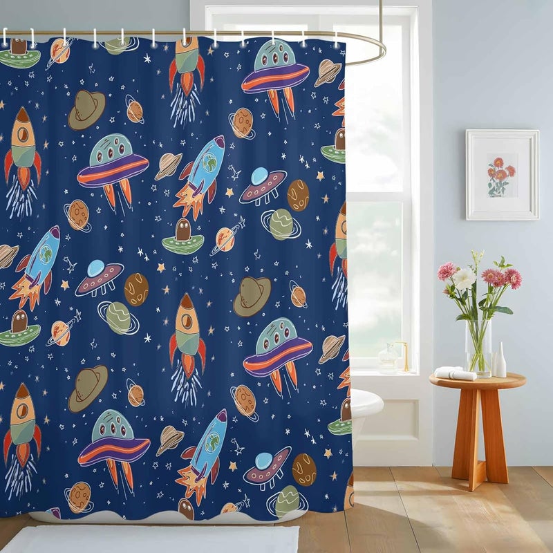 Funny Universe Shower Curtain with 12 Hooks Cartoon Rocket Graffiti Spaceship Planet Blue Waterproof Fabric Shower Curtains Sets for Bathroom Bath Decorations, Machine Washable, 36"x72" - Image 3