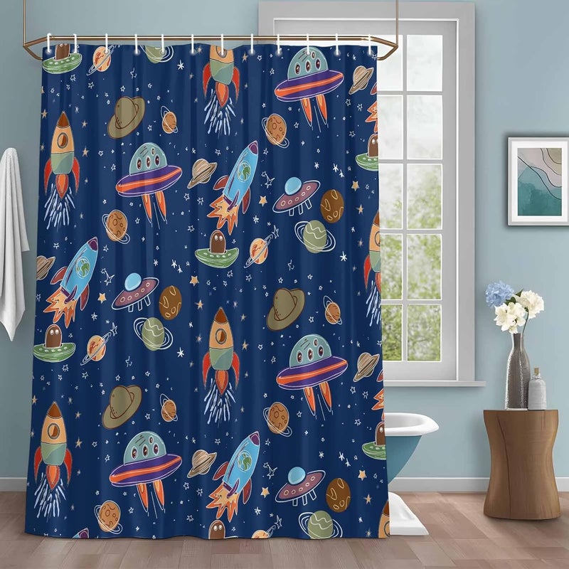 Funny Universe Shower Curtain with 12 Hooks Cartoon Rocket Graffiti Spaceship Planet Blue Waterproof Fabric Shower Curtains Sets for Bathroom Bath Decorations, Machine Washable, 36"x72" - Image 1