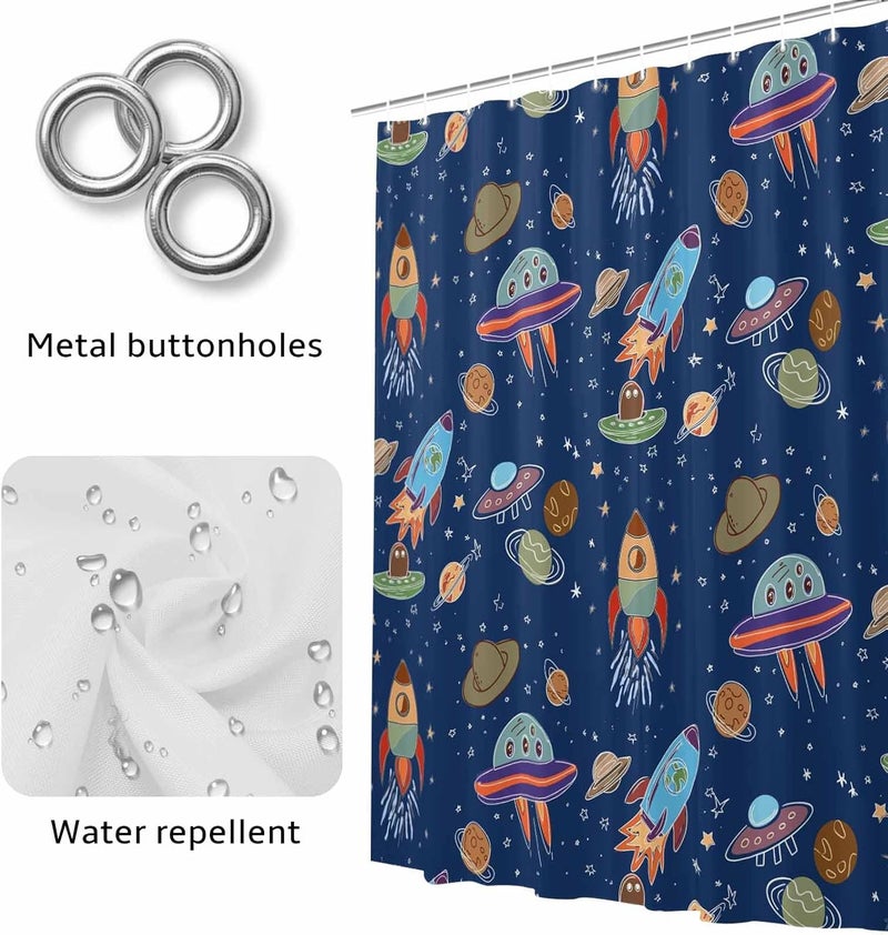 Funny Universe Shower Curtain with 12 Hooks Cartoon Rocket Graffiti Spaceship Planet Blue Waterproof Fabric Shower Curtains Sets for Bathroom Bath Decorations, Machine Washable, 36"x72" - Image 4