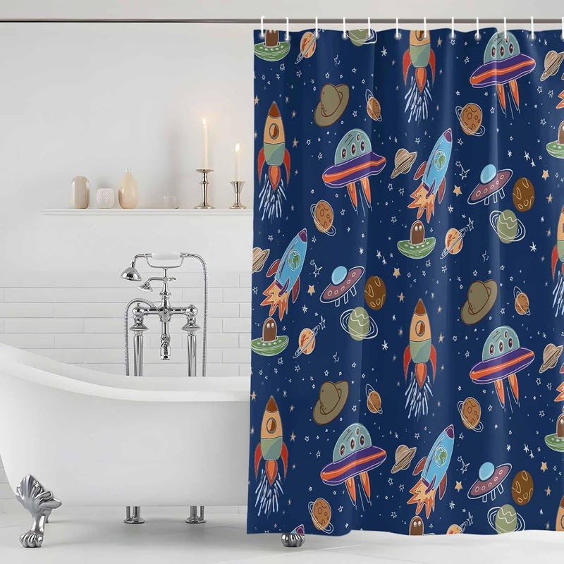 Funny Universe Shower Curtain with 12 Hooks Cartoon Rocket Graffiti Spaceship Planet Blue Waterproof Fabric Shower Curtains Sets for Bathroom Bath Decorations, Machine Washable, 36"x72" - Image 5