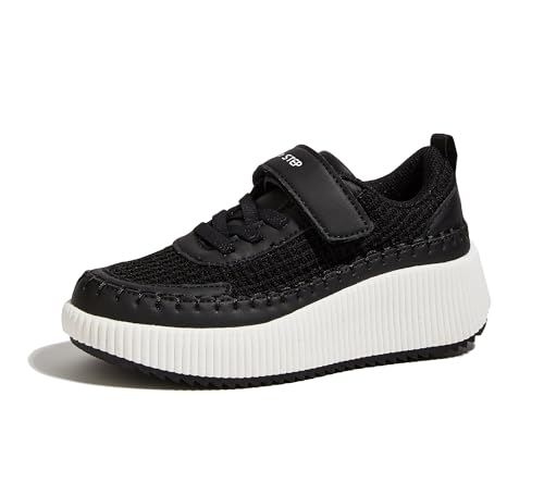 LUCKY STEP Children/Kids/Boys/Girl Glitter Comfort Casual School Low Top Sneaker Strap Athletic Tennis Running Shoes (Black Knit,Little Kids 2) - Image 1