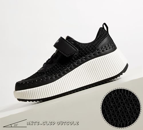 LUCKY STEP Children/Kids/Boys/Girl Glitter Comfort Casual School Low Top Sneaker Strap Athletic Tennis Running Shoes (Black Knit,Little Kids 2) - Image 4