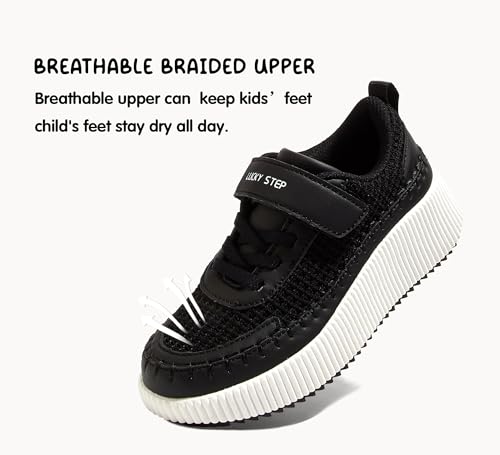 LUCKY STEP Children/Kids/Boys/Girl Glitter Comfort Casual School Low Top Sneaker Strap Athletic Tennis Running Shoes (Black Knit,Little Kids 2) - Image 2