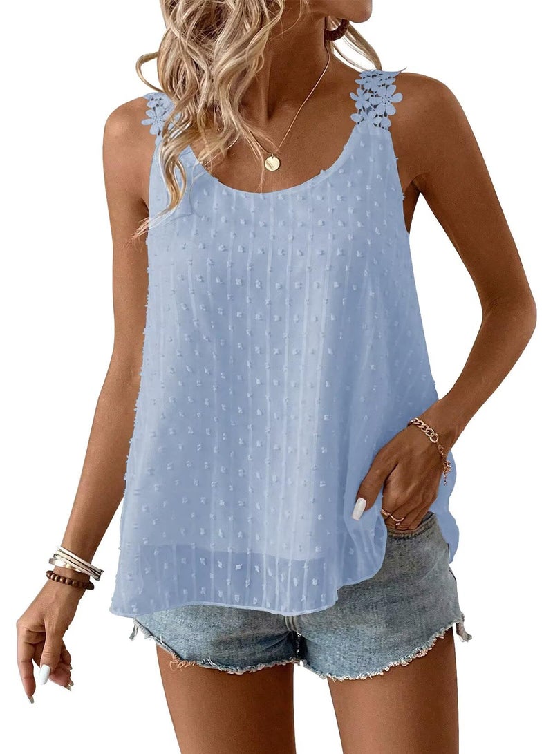 Falechay Going Out Tank Top for Women Summer Tops Boho Sleeveless Tunic Tops Holiday Crew Neck Flowy Blue Shirts Peplum Babydoll Blouses Spring Fashion Oversized Maternity 2XL - Image 1