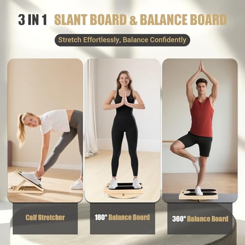 ODCPN 3-in-1 Slant Board & 180°/360° Balance Board, Portable 6 Angle Adjustable Calf Stretcher with Training Poster, Anti-Slip 300LBS Wobble Board for Physical Therapy, Standing Desk & Core Strength - Image 2