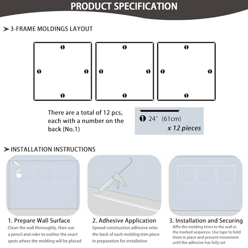 Lunghaa 3-Frame 24" x 24" Premade Accent Wall Molding Kit, Ready-to-Assemble Wainscoting Panels, Pre-Cut Chair Rail Moulding Trim Picture Frame for Home Décor - Image 3
