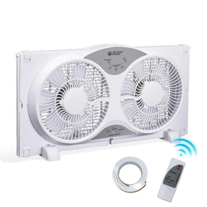 BEYOND BREEZE Window Fan Reversible Airflow 9 Dual Window Fan with 3Speed 3 Modes Cool Circulate Exhaust Remote Control Twin Window Fan 235 to 37 Adjustable Width for Bedroom Kitchen Home