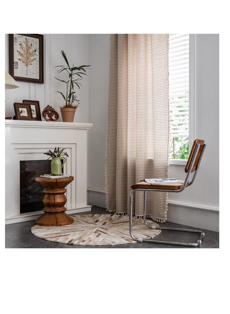 Y&D Boho Semi-Blackout Window Curtains, Striped Farmhouse Style Cotton Linen Tassels Darkening for Living Room, Bedroom (150W x 200H cm, Beige) - Image 2