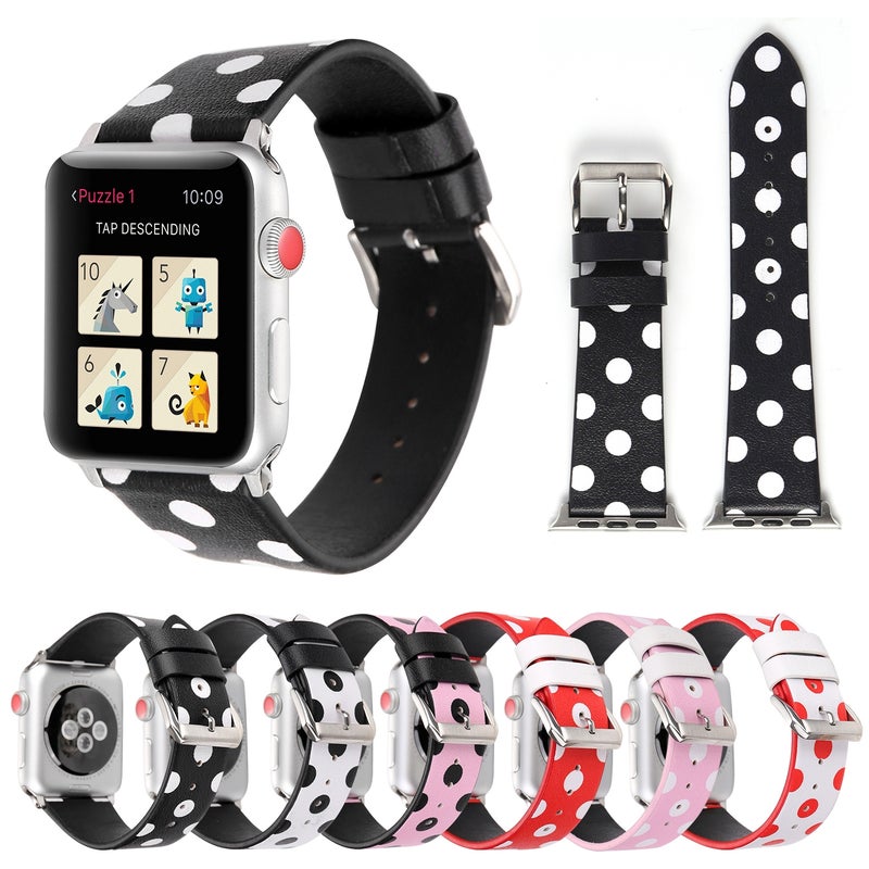 Fashion Wave Dot Series Leather Watch Band For Apple Watch Ultra 49mm&Watch Ultra 2 49mm / Series 9&8&7 45mm / SE 3&SE 2&6&SE&5&4 44mm / 3&2&1 42mm(White Waves Dot Red Background)