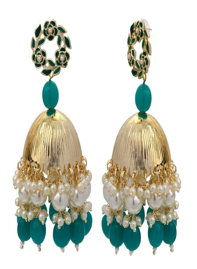 Mahi Beautifully Dark Green Enamelled Pearl Drop Ethnic Floral Jhumka Earring for Women (ER1109819GDGre) - Image 2