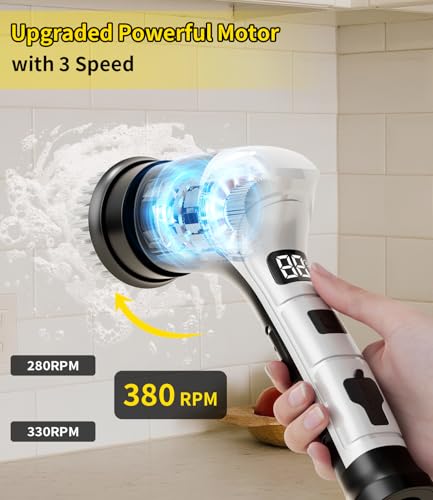 KELAWE Electric Spin Scrubber, Cordless Household Cleaning Brush with 6 Replaceable Heads, 3 Speeds, LED Display, Lightweight Handheld Power Scrubber for Cleaning Stove/Bowl/Sink/Corner/Tile/Grout-Black - Image 4